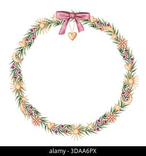 Petite couronne de Noël de branches d'if et décor céleste doré en forme de cercle. Aquarelle peinte à la main. Le rose et le vert créent une douce ambiance hivernale. Bon pour le modèle de cadre festif et la conception de carte. Banque D'Images