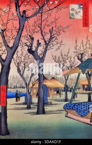 Utagawa Hiroshige, jardin de prunes à Kamata, 18561858, scène printanière Illustration de Vecteur