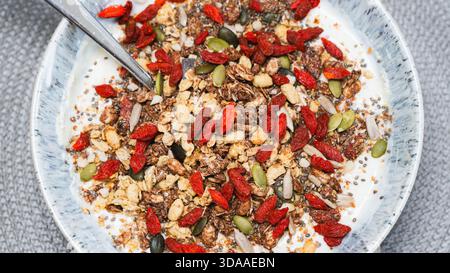 Bol de yogourt super sain chargé de graines mélangées : baies de goji, citrouille, chia et son d'avoine. Petit-déjeuner ou collation riche en nutriments et en protéines pour bien Banque D'Images