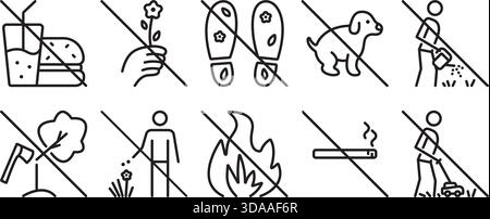 Jeu d'icônes d'interdiction de vecteur de pelouse de ligne noire. Panneaux classiques pour parcs, jardins et fermes. Symboles prohibitifs monochromes linéaires. Encadrer le pictogramme Illustration de Vecteur