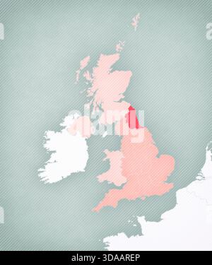 Nord-est de l'Angleterre sur la carte de l'Angleterre avec un fond vintage légèrement rayé. Banque D'Images