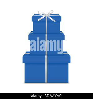 Boîtes-cadeaux empilées bleues Vector 3d avec arc de ruban blanc. Cadeau pour anniversaire, Noël, nouvel an, vente de vacances, mariage, emballage anniversaire Illustration de Vecteur