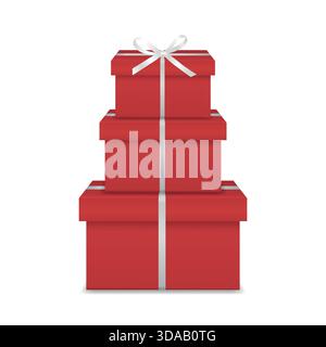 Vector 3d Red Gift Box Tower, isolé. Pile de trois boîtes de cadeaux rouges avec arc de ruban blanc pour vacances, anniversaire, Noël, nouvel an, vente et Illustration de Vecteur