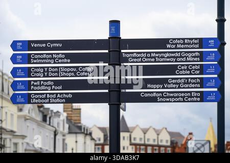 Llandudno, pays de Galles, Royaume-Uni - 6 septembre 2025 ; affiche indiquant les destinations touristiques en anglais et en gallois à Llandudno Banque D'Images