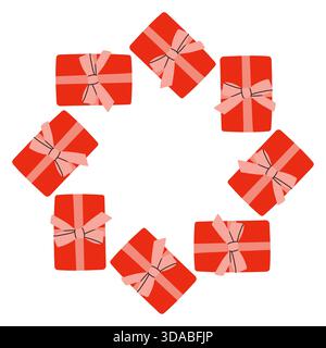 Illustration vectorielle d'un cadre circulaire fait de boîtes cadeaux rouges et roses attachées avec des rubans. Une bordure de Noël festive parfaite pour les cartes de Noël Illustration de Vecteur