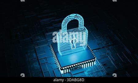 Processeur microprocesseur Microchip avec concept de cybersécurité de cadenas numérique éclatant. rendu 3d. Banque D'Images