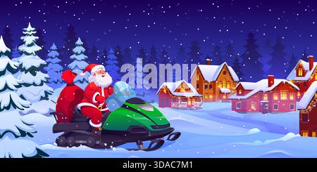 Père Noël sur motoneige avec sac de cadeaux de Noël Illustration de Vecteur