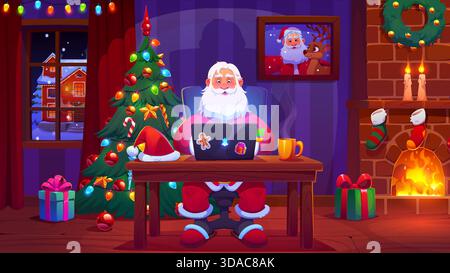 Dessin animé Père Noël travaillant sur ordinateur portable Illustration de Vecteur