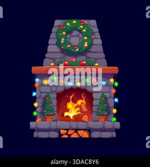 Cheminée de Noël de dessin animé avec couronne et lumières Illustration de Vecteur