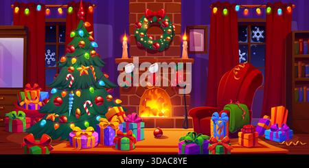 Cheminée de Noël et intérieur de la pièce arbre de Noël Illustration de Vecteur