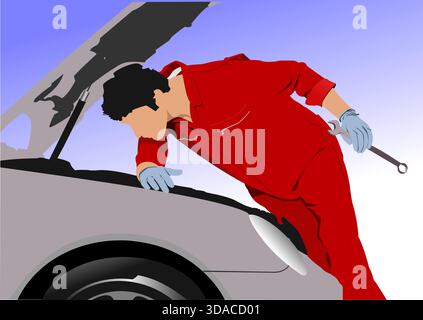 Mécanicien en uniforme rouge inspecte un moteur de voiture, tenant une clé dans sa main. Illustration dessinée à la main Illustration de Vecteur