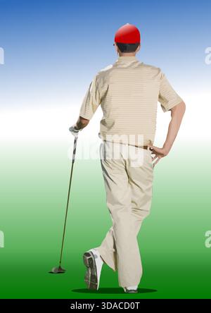 Golfeur profite de la vue sur le terrain de golf tout en se tenant debout sur le green. Illustration dessinée à la main Illustration de Vecteur