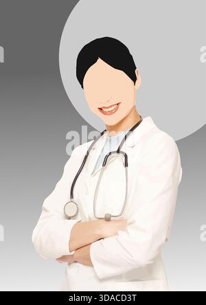Friendly Doctor sourit les bras croisés, portant un stéthoscope et une blouse de laboratoire. Illustration dessinée à la main Illustration de Vecteur