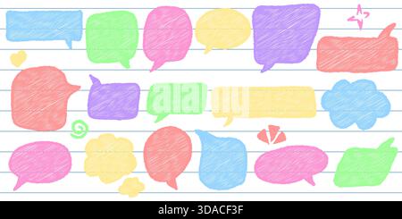 Crayon à craie doodle ensemble de bulles de discours, cadres de conversation dessinés à la main, illustration vectorielle de style d'esquisse sur fond de carnet ligné avec grunge Illustration de Vecteur