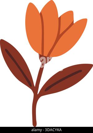 Tige stylisée avec pétales d'orange et feuilles dans un style botanique chaleureux. Illustration de Vecteur