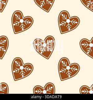 Biscuits de Noël en forme de coeur avec glaçage blanc, motif des fêtes sans couture avec des produits de boulangerie parfumés traditionnels. Sur fond beige chaud. Vecteur Illustration de Vecteur