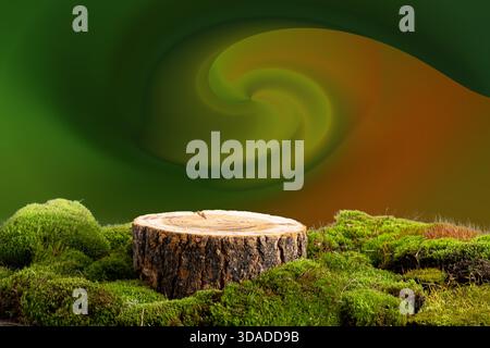 Scie en bois taillée, podium rond avec mousse verte. Nature morte pour la présentation des produits. Fond abstrait vert-orange fantaisie Banque D'Images