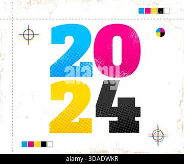 Affiche vintage vectorielle avec 2024 dans le style CMJN. Affiche rétro pour la nouvelle année 2024 Illustration de Vecteur