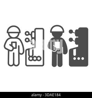 Homme, travailleur au panneau de commande avec la ligne de leviers et l'icône solide, concept de fabrication, signe d'opérateur d'usine sur fond blanc, icône de style de contour pour Illustration de Vecteur