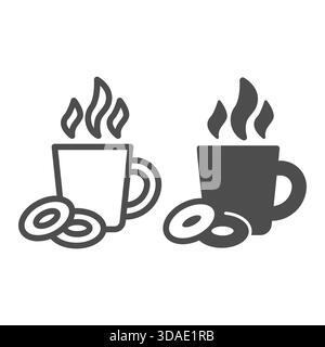 Tasse en céramique de ligne de thé et de bagel et icône solide, concept de pause café, tasse chaude et signe vectoriel de pain d'épice sur fond blanc, icône de style de contour fo Illustration de Vecteur
