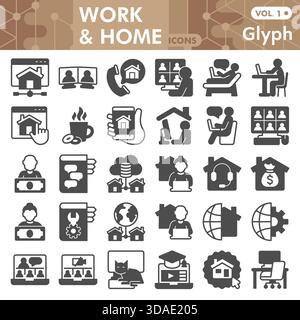 Travail à domicile jeu d'icônes de glyphe, emploi à distance, collection de symboles de travail en ligne ou croquis. Signes de style glyphe d'espace de travail et d'espace de travail pour le Web et l'application Illustration de Vecteur