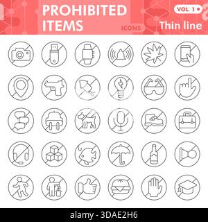 Jeu d'icônes de ligne mince d'activité interdite, tabou, objets interdits, collection de symboles ou esquisses. Éléments interdits signes de style linéaire pour le web et l'application. Vect Illustration de Vecteur