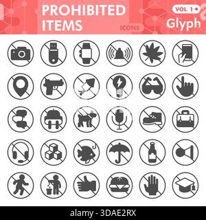 Jeu d'icônes de glyphe d'articles interdits, collection de symboles d'activité interdits ou croquis. Restrictions, actions interdites signes de style glyphe pour le web et l'application. VE Illustration de Vecteur
