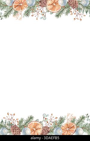 Cadre vertical carré de l'Avent de Noël, bordure. Modèle de carte avec plantes d'hiver, tranches d'oranges séchées, pommes de pin et boules en verre bleu. Dessiné à la main Banque D'Images