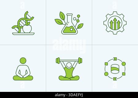Jeu d'icônes de biohacking montrant la nutrition adn et les activités de bien-être Illustration de Vecteur