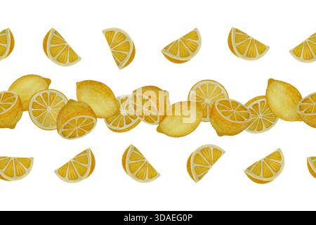 Bordure d'aquarelle sans couture de citrons jaunes sur blanc, montrant des fruits entiers et des quartiers tranchés avec des tons d'agrumes vibrants, textures de pinceau subtiles et natu Banque D'Images