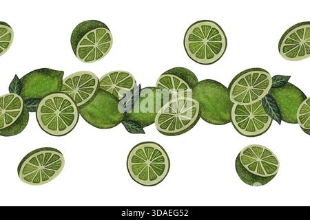 Bordure aquarelle sans couture de citrons verts sur blanc avec des fruits entiers et des tranches avec des teintes d'agrumes vives, textures délicates de pinceau et fraîche naturelle Banque D'Images