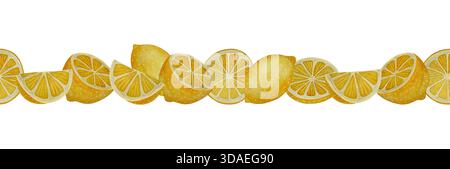 Bordure d'aquarelle sans couture de citrons jaunes sur blanc, montrant des fruits entiers et des quartiers tranchés avec des tons d'agrumes vibrants, textures de pinceau subtiles et natu Banque D'Images