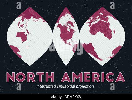 Carte du monde. Projection sinusoïdale interrompue centrée sur l'Amérique du Nord. Palette Pink foncé menthe pâle. Texture vintage. Illustration vectorielle captivante. Illustration de Vecteur