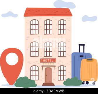 Bâtiments d'hôtel cinq étoiles avec géotags et valises routières. Réservation d'auberge pour le voyage. Épinglette GPS de localisation. Bagages de voyage. Réservation d'hébergement en motel Illustration de Vecteur