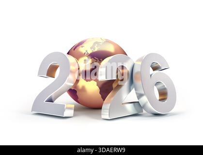 Numéro de date 2026 avec globe terrestre doré, isolé sur blanc, carte de voeux du nouvel an Banque D'Images