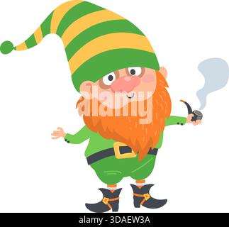 Gnome de dessin animé mignon avec barbe et pipe. Leprechaun fumant le tabac. Symbole de Patricks Day. Elfe en costume vert avec chapeau. Irlande naine. Fantasy luc Illustration de Vecteur