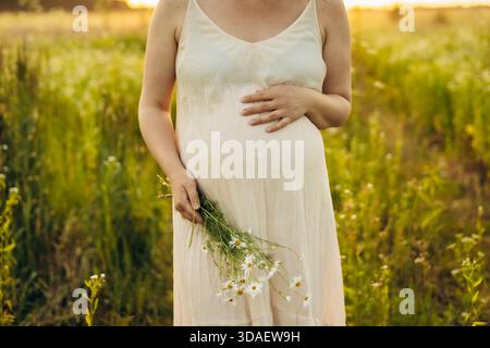 Femme enceinte recadrée méconnaissable se promenant dans un champ ensoleillé, rayonnant de calme et de bonheur. Sa main repose doucement sur son ventre, symbolisant l Banque D'Images