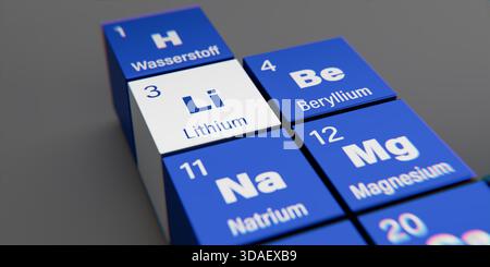 Vue détaillée de l'élément chimique Li lithium de numéro atomique 3 dans la table périodique des éléments en allemand. Effet de dispersion dynamique à Banque D'Images
