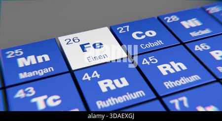 Vue détaillée de l'élément chimique Fe fer (allemand : Eisen) avec le numéro atomique 26 dans la table périodique des éléments en allemand. dispers dynamiques Banque D'Images