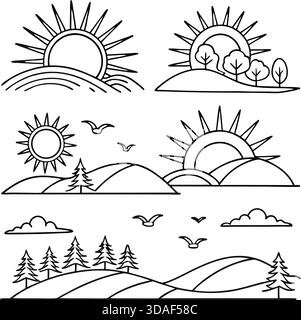 Ensemble d'icônes de lever de soleil – illustration vectorielle du soleil du matin, collection de symboles d'aube Illustration de Vecteur