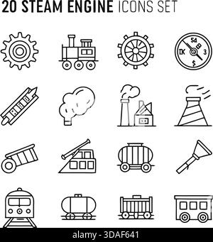 Jeu d'icônes de moteur à vapeur - illustration vectorielle de train vintage, symboles de machines industrielles Illustration de Vecteur