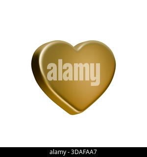 Icône de coeur en or 3D, forme d'amour dorée brillante isolée sur fond blanc. Rendu coeur métallique élégant pour les médias sociaux comme Button, vœux de saint-valentin Illustration de Vecteur