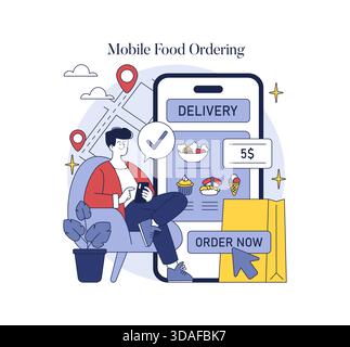 Illustration vectorielle d'une personne commandant de la nourriture via l'application mobile. Un écran de smartphone affiche les détails de livraison et les aliments pendant que l'utilisateur interagit avec l'application depuis une chaise. Illustration de Vecteur