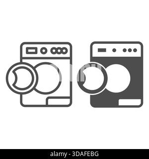 Lave-linge avec boutons et couvercle ouvert ligne et icône solide, concept de lavage. Graphiques vectoriels. Machine pour signe de lavage automatique sur backgro blanc Illustration de Vecteur