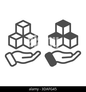 Cubes en vrac et ligne de main et icône solide, concept de métaverse crypto. Graphiques vectoriels. Base de données de contenu numérique, signe d'actif sur fond blanc, contour Illustration de Vecteur