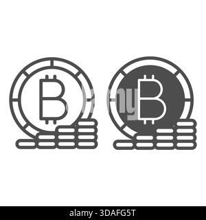 Bitcoin avec ligne de pile de pièces et icône solide, concept de crypto finance. Graphiques vectoriels. Pile de pièces de crypto, signe d'investissement sur fond blanc, outl Illustration de Vecteur