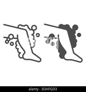 Jambe avec ligne de mousse de savon et icône solide, concept d'hygiène corporelle. Graphiques vectoriels. Jambe humaine avec des bulles de mousse savonneuse, signe de lavage du corps sur fond blanc Illustration de Vecteur