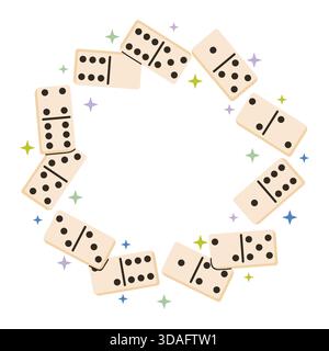 Cadre rond décoré avec des pièces de jeu de domino amusantes et de minuscules accents d'étoile. Le style de dessin animé plat lumineux crée une ambiance joyeuse et ludique, parfait pour les enfants Illustration de Vecteur