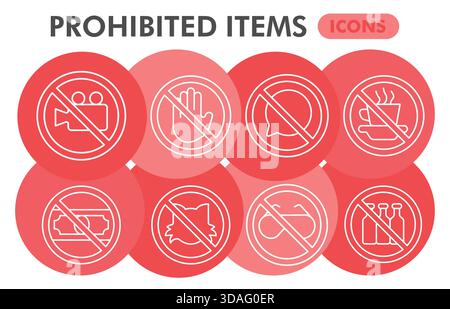 Collection de symboles d'articles interdits ou croquis, bulle de thème d'interdiction avec des signes de style de ligne mince pour le web et l'application. Graphiques vectoriels isolés sur whit Illustration de Vecteur