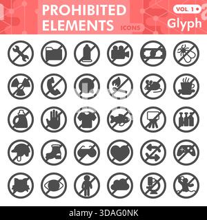 Collection de symboles d'objets interdits ou croquis, thème d'interdiction avec des signes de style glyphe pour le web et l'application. Graphiques vectoriels isolés sur fond blanc Illustration de Vecteur